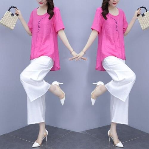 Office Lady OL Work Clothes Set Cotton Linen Embroidery Fashion Womens Set Wide leg pants Tops Loose Summer Casual Set Suits