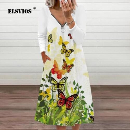 Elegant Long Sleeve Party A-Line Dress Autumn Sexy V-Neck Zipper Print Midi Dresses Women Casual Pocket Boho Loose Beach Vestido