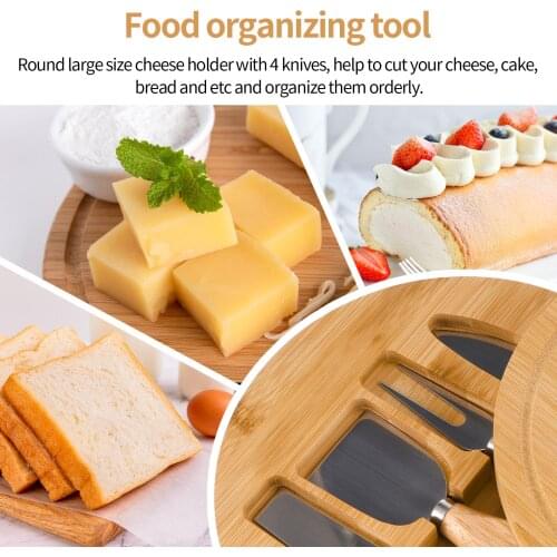 Cheese Holder Large Round Bamboo Cheese Bread Plate with 4pcs/set Stainless Steel Cheese Knives Spatula Kitchen Cheese Tools