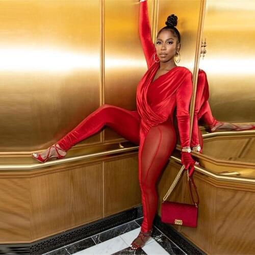 Sheer Mesh Velvet Slim Rompers Womens Jumpsuit Cross Draped Long Sleeve One Piece Overall Early Fall See Through Skinny Outfit