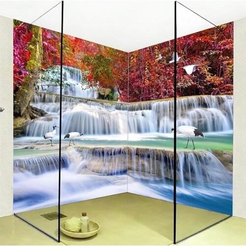 Custom Mural Wallpaper 3D Stereo Waterfall Forest Landscape Fresco Bathroom Wallpaper Mural PVC Self-Adhesive Waterproof Sticker