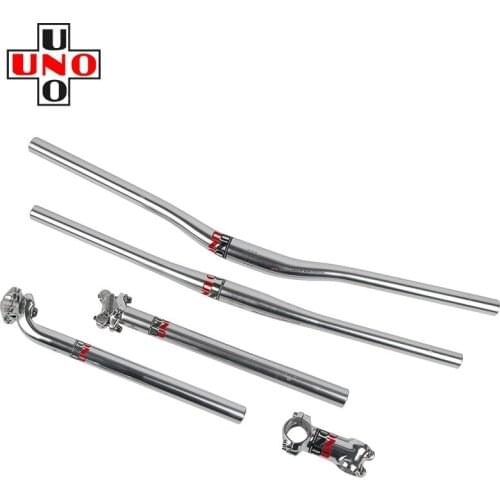 UNO Aluminium Alloy Bicycle Three Piece Set MTB Bike Silver Swallow/One-shaped Bar 7/17 Degree Stem Seat Post Red Logo