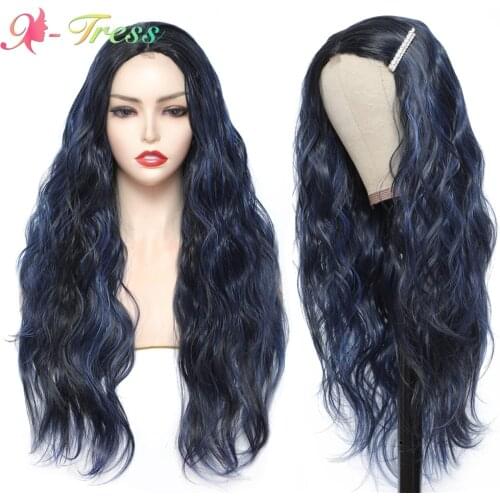 X-TRESS Blue Wig Middle Part Synthetic Lace Wigs for Women Middle Part Long Loose Wave Small Lace Front Wig Heat Resistant Fiber