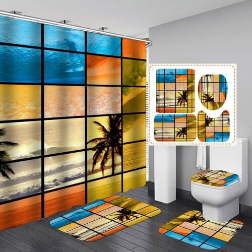 Sunset Seaside 3D Shower Curtain 4pcs Set Waterproof Polyester Fabric Non-Slip U Shape Mat Rug Toilet Print Cover with 12 Hooks