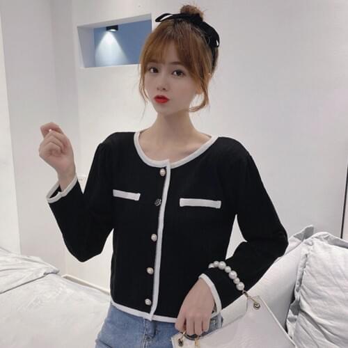 2020 Patchwork Fashion Temperament Thin Jacket Office Lady Commute Style Single Breasted Long Sleeve Knitted Cardigan