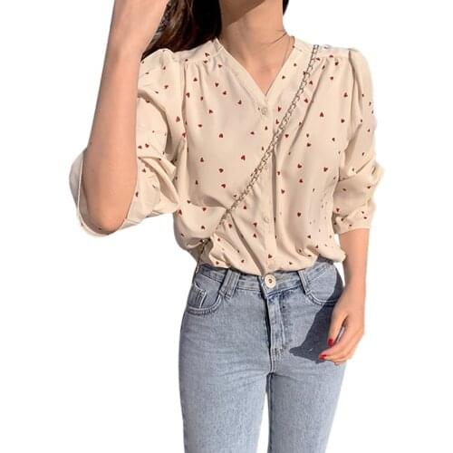 Women Long Petal Sleeve Blouses Casual Love Print Shirts Ladies Tops Korean Style Chiffon V-neck Female Blusas 2020