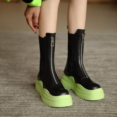 QZYERAI Fashion Platform Women Short Boots Thick Sole Real Leather Chelsea Boots New Mixed Color Autumn