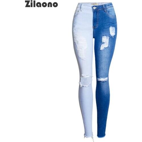 Women Jeans 2021 Autumn Patchwork Distressed Holes Slim High Waist High Elasticity Pencil Denim Pants Contrast Color Trousers