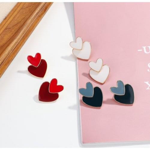 AENSOA Enamel Alloy Drop Earrings Cute Double Heart Pendant Earrings Trendy Dangle Earring 2021 Jewelry Pendientes for Women