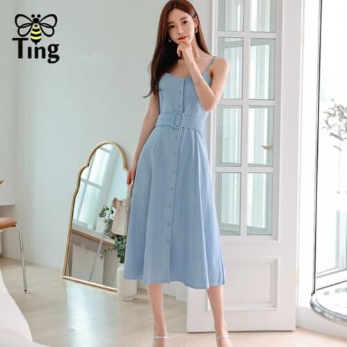 Tingfly Vintage Elegant Spaghetti Strap Denim A Line Dress Women Summer Slim Casual Midi Long Dress Elbise Zaful Lady Frocks Za