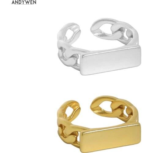 ANDYWEN 925 Sterling Silver Gold Resizable Ring Chain Geometric Women Rock Punk Jewelry Round Party Jewelry Gift Wedding Plain