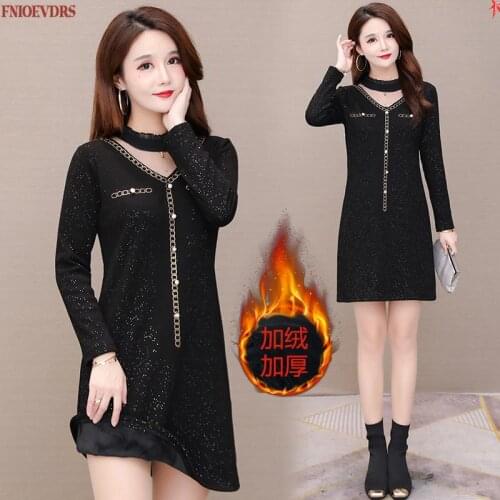 Women Winter Spring Basic Wear Warm Velvet Inside Elegant Patchwork Sheer Mesh Black Lace Mini Dress
