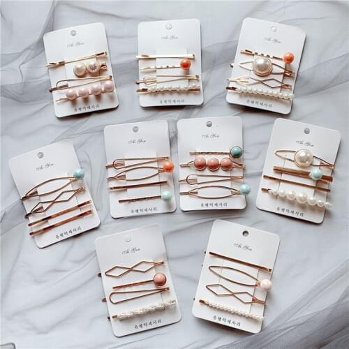 2020 Korean Pearl Hairpins Set Sweet Color Bead Hair Clips Barrettes For Women Girls Trendy Gold Geometric Hair Grip Accessories