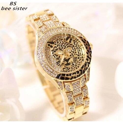 BS brand Women Watches Lady Diamond Stone Dress Watch Steel Leopard Rhinestone Bracelet Wristwatch Female Tiger Crystal Watch