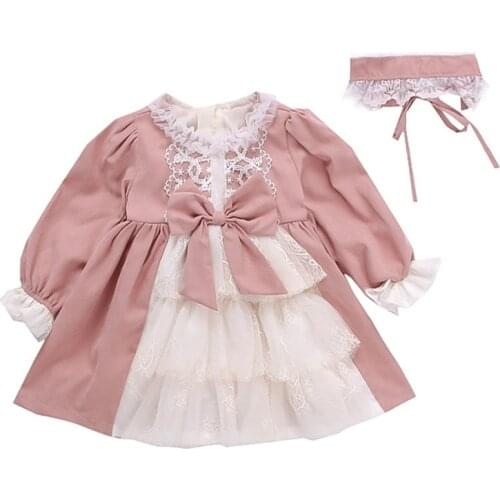 Kids Ceremony Birthday Dress Lolita Style Princess Dresses+Hairband 2pcs/set Baby Girls Clothes Ball Gown with Big Bow 1-6Yrs