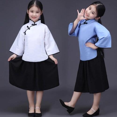 Children Chinese Traditional Suit Ancient Girl School Uniform Blouse + Skirt Kids Group Dancing Costume Cosply 16