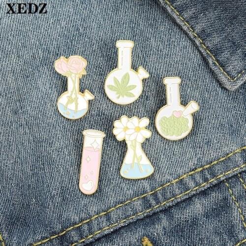 XEDZ Chemistry Apparatus Test Tube Enamel Pins Experiment Brain Flowers Leaves Science Womens Badge Lapel Punk Brooches Jewelry