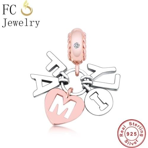 FC Jewelry Fit Original Brand Charm Bracelet 925 Sterling Silver Letter Rose Gold Letter Happy Family Bead For Making Berloque