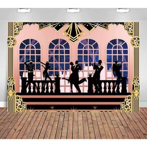 Gatsby Theme Party Backdrop Black Gold Retro Roaring 20s 1920s Photography Background Birthday Dancing Party Newborn Banner