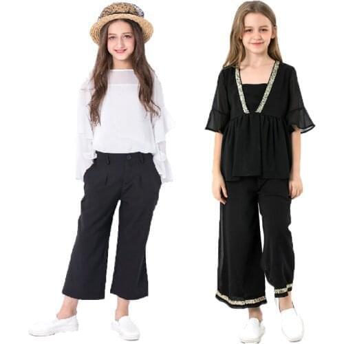 Teenage Girls Clothing Set 2021 Summer Lace T-shirt Wide Leg Pants Jeans Suit Tracksuit Children Clothes Kids Costume 12 Year