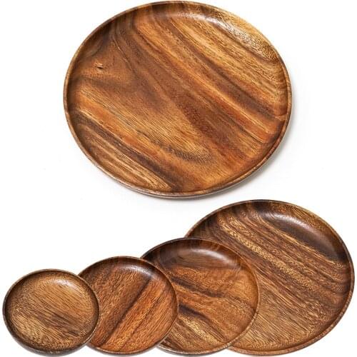 Round Solid Wood Plate Whole Acacia Wood Fruit Dishes Wooden Saucer Tea Tray Dessert Dinner Breakfast Plate Tableware Set