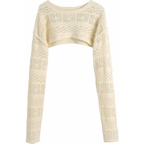 MXIN 2021 Women Fashion Sexy Cropped Cable Knitted Pullover Sweater Vintage Hollow Out O Neck Long Sleeve Female Jumper Tops