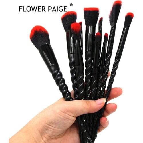 FLOWER PAIGE 10pcs Makeup Brush Set red Black Wooden Handle Foundation Loose powder Eye shadow Multifunction Make up brushes