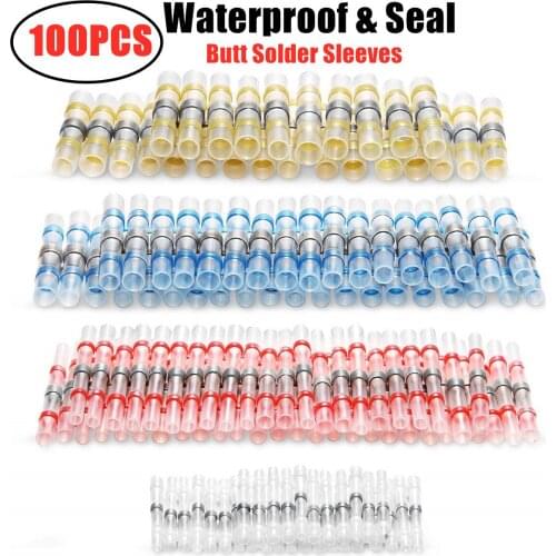 100PCS Waterproof Insulated Solder Seal Sleeve Wire Connectors Kit Heat Shrink Butt Connectors Electrical Wire Terminals