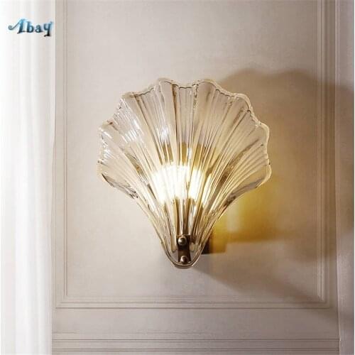 Art deco glass shell copper wall lamp for bedroom kitchen bar Beach style living room decoration luxury led wall sconces light
