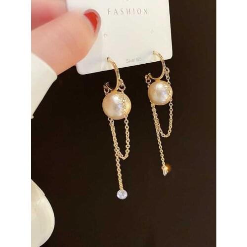 2021 New S925 Design Trendy Korean Temperament Pearl Long Tassel Chain Hoop Earrings for Women Girls Jewelry gifts