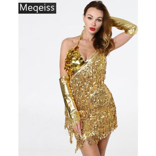 2019 new adult Latin dance company annual meeting shiny tassel dress Gold Sequin Club Performance Celebrity Clothes Sling Dress