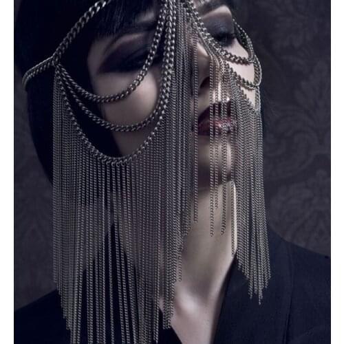 The Nightspots Queen Cosplay Sexy Head Mask Silver Chain Punk Alloy Head Wear Stage Tassel Collection Accessories Costume Prop