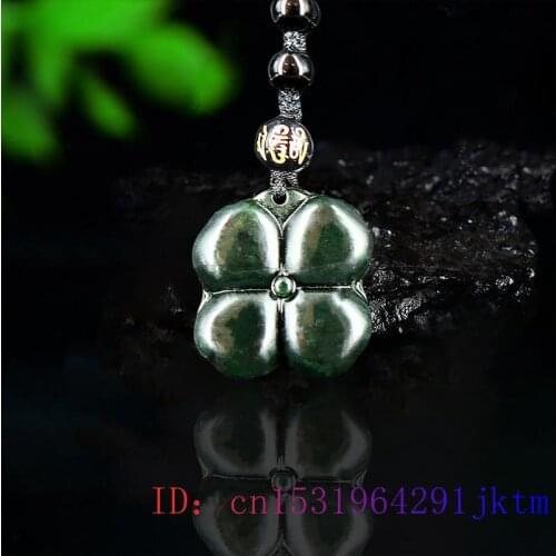 Black Jade Clover Pendant Amulet Chinese Women Jewelry Obsidian Gifts Carved Necklace Natural Flower Accessories Charm