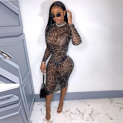 Black Khaki Sheer Mesh Geometric Pattern Dress Women Sexy Long Sleeve See Through Party Dress Harajuku Female Mid Calf Vestidos
