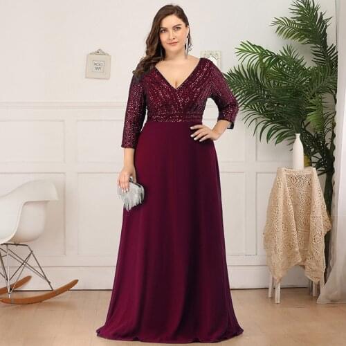 Deep V-Neck Sequins Evening Dress Empire Three Quarter Sleeve Zipper Back A-Line Floor-Length Plus Size Women Formal Gowns D1017
