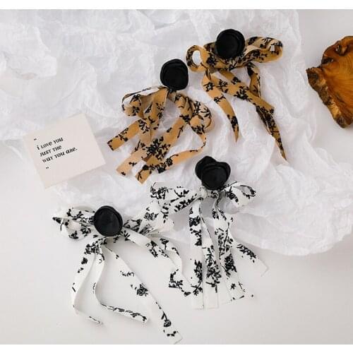 Lifefontier White Chiffon Black Printing Cloth Drop Earrings for Women Fabric Bowknot Long Dangle Earrings Korean Jewelry 2021