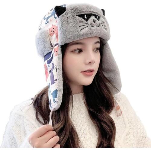 Doitbest Parent-child women lady bomber hat windproof warm thick velvet Winter cartoon Child fur hat kids girls Earflap Caps