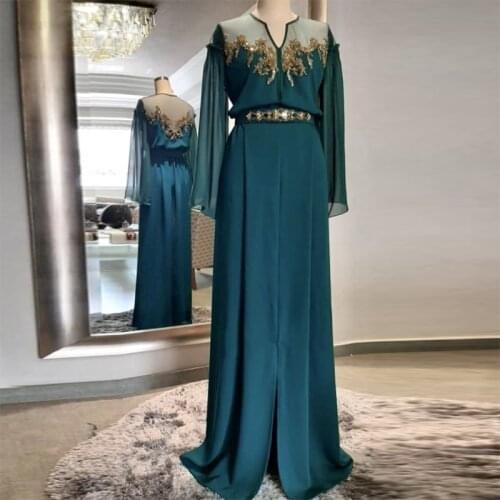 Custom Made Chiffon Long Sleeve Moroccan Caftan Evening Dress Applique Islamic Dubai Saudi Arabic Prom Special Occasion Gown