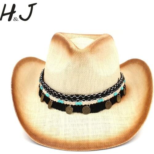 Women Men Straw Western Cowboy Hat With Western Band For Elegant Lady Sombrero Hombre Cowgirl Jazz Caps Size 58CM