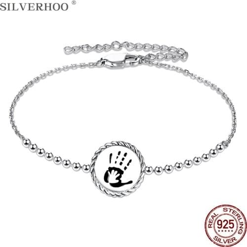 SILVERHOO Real 925 Sterling Silver Bracelets Simple Bead Bracelet Bangle Creative Handprint Shape Female Jewelry Wholesale