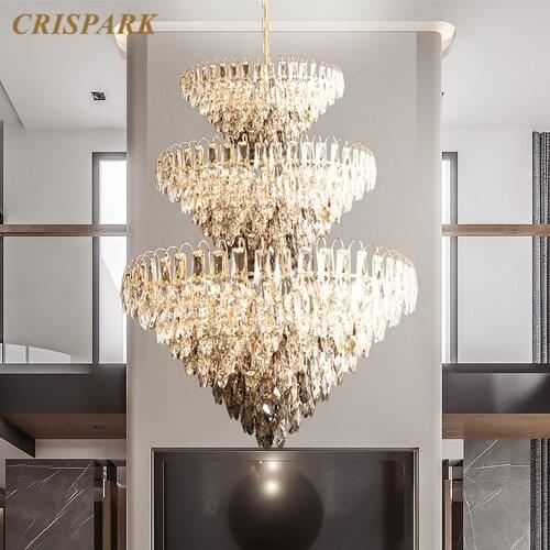 Modern Luxury Chandelier Lighting LED Large Crystal Stairs Chandelier Lamp Indoor Smoky Cristal Hanging Lamp Loft Light Fixture