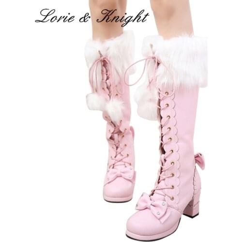 Japanese Style Sweet Lolita Long Boots Lace Up Bow Princess Boots Chunky High Heels Winter Boots