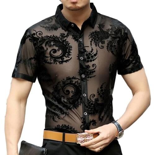 Paisley Patter Flower See Through Shirt 2018 Short Sleeve Summer Sexy Prom Transparent Shirt Camisa Masculina Chemise Homme