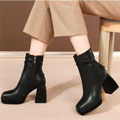 2020 Shoes Women Genuine Leather Chunky High Heels Platform Pumps Shoes Female High Top Square Toe Winter Warm Motorcycle Boots