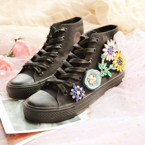 Handmade all black heavy industry tide brand high-top canvas shoes female retro rhinestone student casual shoes