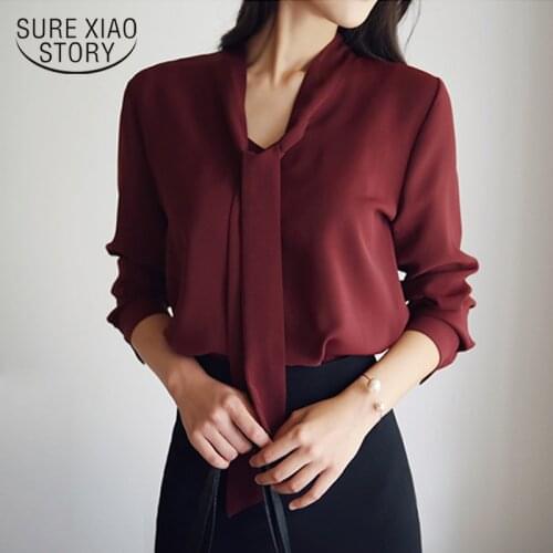 Bow Tie Women Shirts 2021 Autumn Women Clothing Long Sleeve Korean Loose Chiffon Blouse Shirt Women Solid Color Blouse 699C 30