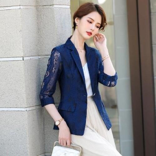 Blue Medium Sleeve Small Suit Top Womens Summer Business Wear 2021 New Spring And Autumn Seven Sleeve Small Fragrance Formal Co