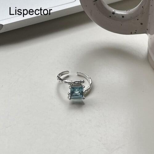 Lispector 925 Sterling Silver Korean Square Light Blue Zircon Rings for Women Minimalist Shiny Ring Casual Female Jewelry Gifts