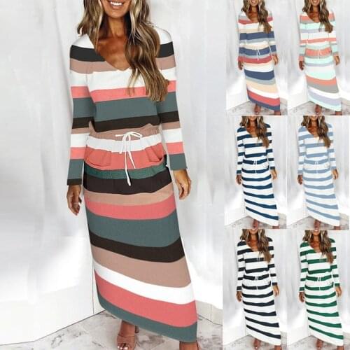 Elegant Striped Print Long Sleeve Robe Maxi Dress Women Autumn Winter New Sexy V-neck Drawstring Casual Slim Long Vestidos Femme
