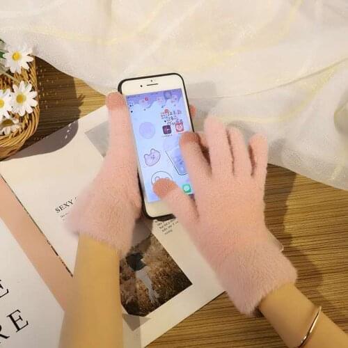 Winter Glove Women Touch Screen Gloves Sweet Girl Mittens Pure Color Stitching Mink Lady Warm Thickened